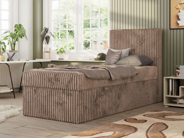 TILIO Jugendbett 90x200 mit Bettkasten - Boxspringbett mit 7-Zonen-Taschenfederkernmatratze, hohes Kopfteil, Einzelbett mit Stauraum - Braun Cordstoff - H4 - Rechts
