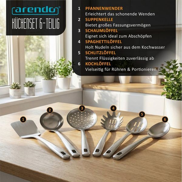 Arendo Kochbesteck-Set Küchenhelfer 6er Set, spülmaschinenfest, Edelstahl, hygienisch (Set, 6-tlg), hitzebeständig, rostfrei, nahtlos, spülmaschinengeeignet, Aufhängeöse