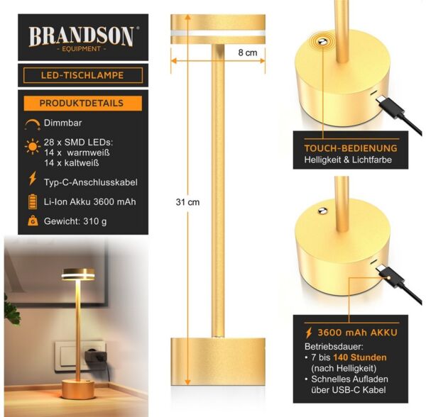 Brandson LED Tischleuchte Tischlampe, stufenlos dimmbar, 3 Lichtfarben, Akku 3600 mAh, Touch, Dimmfunktion, Ein-/Ausschalter, Farbwechsel, mehrere Helligkeitsstufen, LED fest integriert, Kaltweiß, Neutralweiß, Warmweiß, Tischlampe kabellos, USB-C, Schr...