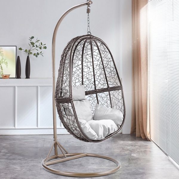Luxus Hängesessel Fun XL Polyrattan Korb Braun Gestell Braun Kissen Weiß
