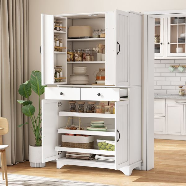 Merax Hochschrank mit verstellbaren Regalböden und Schubladen, Bücherregal mit ausziehbaren Regalböden und Kühlschranktüren, Ideal für Esszimmer, Wohnzimmer und Küche (Weiß)