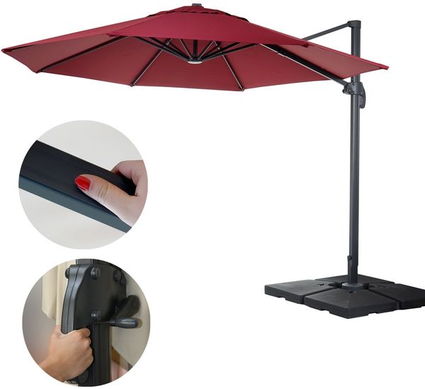 Gastronomie-Ampelschirm HWC-A96, Sonnenschirm, rund Ø 3,5m Polyester Alu/Stahl 26kg ~ bordeaux mit Ständer