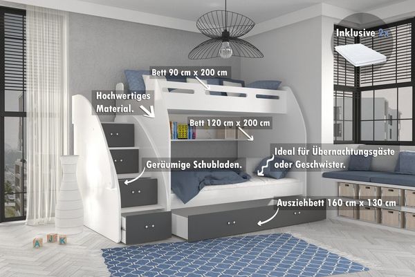AJKmeble Hochbett Etagenbett 90x200 / 120x200cm mit Treppe und Ausziehbett Hochglanz (MADE IN EU - wählbar in Farben weiß, blau, grün, rosa oder grau, für Jungen und Mädchen, Jugendbett) Treppe beidseitig montierbar