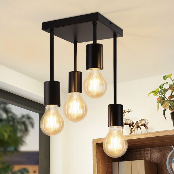 ZMH Deckenleuchte Schwarz Vintage Deckenlampe E27 4-flammig Retro Metall ohne Leuchtmittel