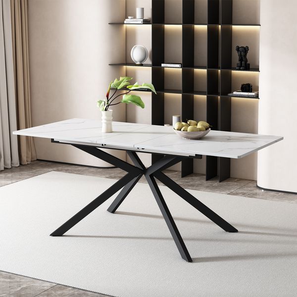 Esstisch 150/180x70x76 cm, erweiterbar, MDF mit Marmoroptik und Metall-Kreuzbein