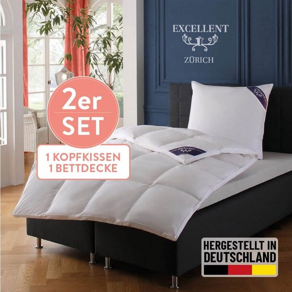 Excellent Daunenbettdecke + 3-Kammer-Kopfkissen Bettdecken-Set Zürich, Bettdecke 135x200 & 155x220 cm, Füllung: Bettdecke 100 % Daunen, Bezug: Einschütte (Bettdecke), Bettdecke 100% Daunen für Winter, Sommer, Kissen mit 90% Daunen