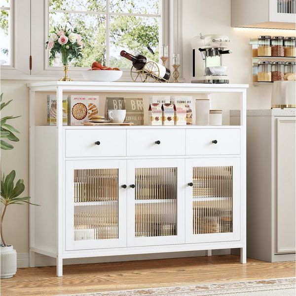 Homfa Sideboard Küchenschrank mit Glastüren und Schubladen, für Küche Wohnzimmer Esszimmer, verstellbare Ablage, Weiß