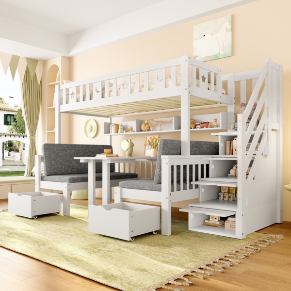 Hochbett, Multifunktionales 2-in-1-Bett und Schreibtisch, Stauraumleiter, Dekorativer Zaun mit Sternen und Mond, Holz, Weiß, 90 x 200 cm