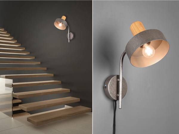 Vintage LED Wandstrahler mit Metallschirm in Silber antik & Holz schwenkbar