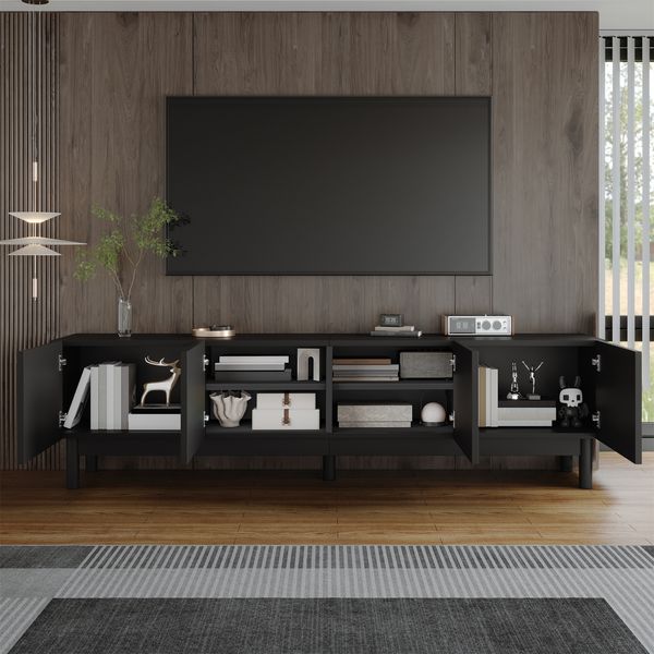 TV-Schrank 169 x 34 x 45,5 cm in Schwarz mit 4 Türen und Massivholzbeinen
