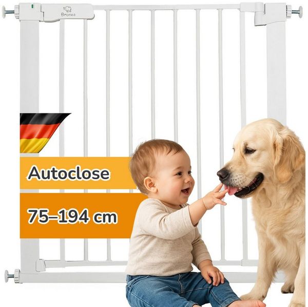 Bronea Treppenschutzgitter LUCA-M Treppengitter ohne Bohren Türschutzgitter ohne bohren (zum Klemmen, 75-194 cm verlängerbar), 3-faches Schloss & Rot-Grün Sicherheitssystem, Auto-Close, 90° Stopp