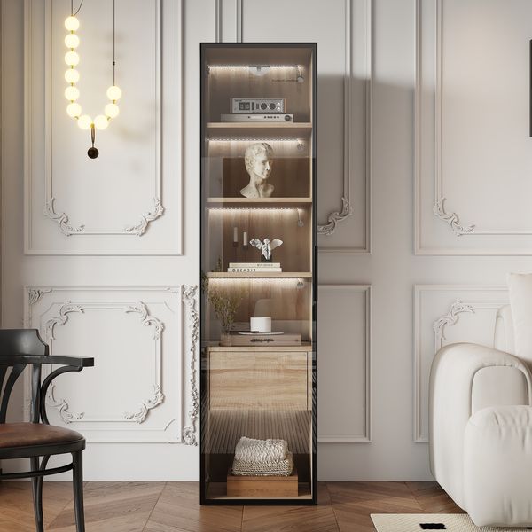 Badezimmerschrank aus MDF mit Glastür und offenen Fächern, Natur