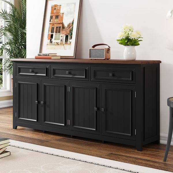 Sideboard 160x35x76 cm in Schwarz mit Holzmaserung, 3 Schubladen, 4 Türen und verstellbaren Einlegeböden
