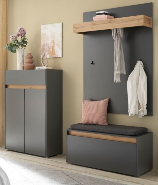 Garderobe Set 4-tlg. Center in grau matt und Eiche Wotan 195 x 200 cm