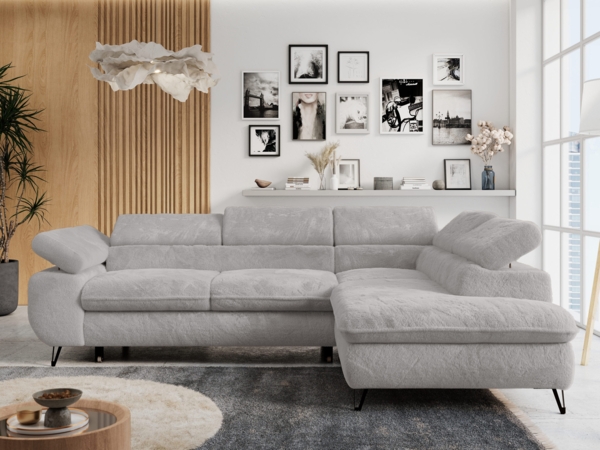 Ecksofa mit Bettfunktion, Modern Sofa, L-form, Einstellbare Kopfstützen, Bettkasten - PETER - Hellgrau Plüsch - rechts