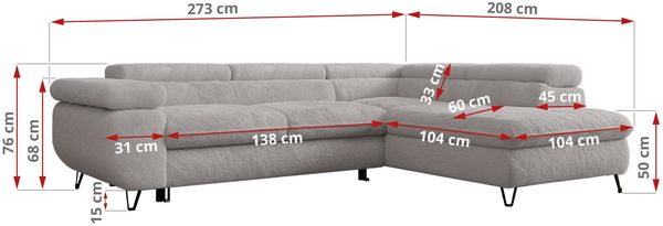 Ecksofa mit Bettfunktion, Modern Sofa, L-form, Einstellbare Kopfstützen, Bettkasten - PETER - Hellgrau Plüsch - rechts Bild 7