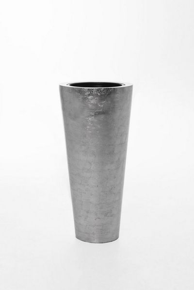 VIVANNO Pflanzkübel Fiberglas RONDO CLASSICO Rund, Silber Blattoptik Hochglanz 38x80 cm