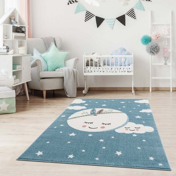 carpet city Kinderteppich Kinderzimmer Blau - 140x200 cm - Mond Sterne - Kinderzimmerteppiche Mädchen Jungen - Babyzimmer-Teppich - Spielteppich - Sternenteppich