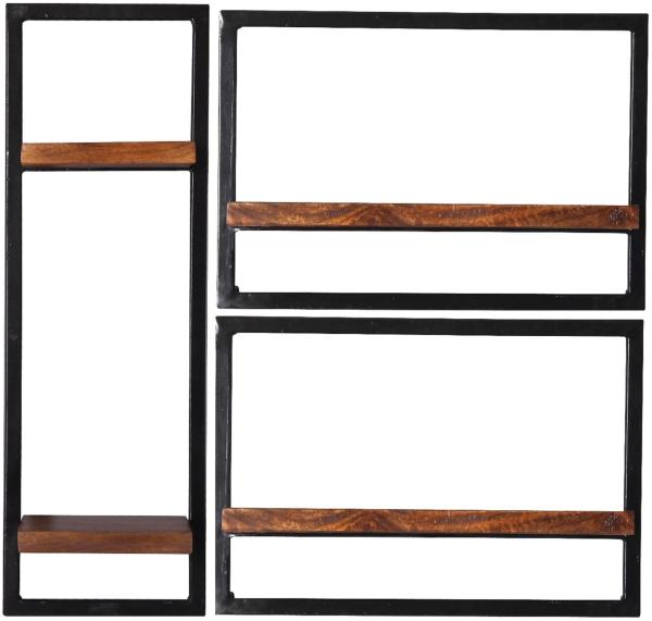 PANAMA Wandregal 3-teilig Mangoholz Natur Altmetall Schwarz