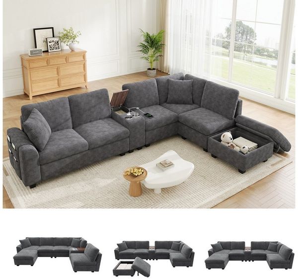 Merax Ecksofa mit USB & Type-C, L-/U-Form Sofa aus Cordstoff, Modulares Ecksofa 311 x 139 x 85 cm 1 Teile, 6-Sitzer-Sofa mit Ottomane, Mittelkonsole, Getränkehalter & Stauraum