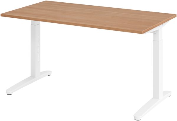 bümö manuell höhenverstellbarer Schreibtisch 140x80 in Nussbaum, Gestell in weiß - PC Tisch höhenverstellbar & klein, höhenverstellbarer Tisch Büro, kleiner Computertisch verstellbar, X14-N-WW
