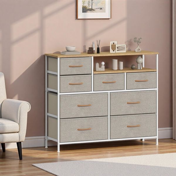 Feonase Stoffkommode, Kommode mit Schubladen, Schubladenschrank mit 8 Stoff-Schubladen & offenem Fach, Komode, Aufbewahrungseinheit für Schlafzimmer, Wohnzimmer, Flur, Khaki