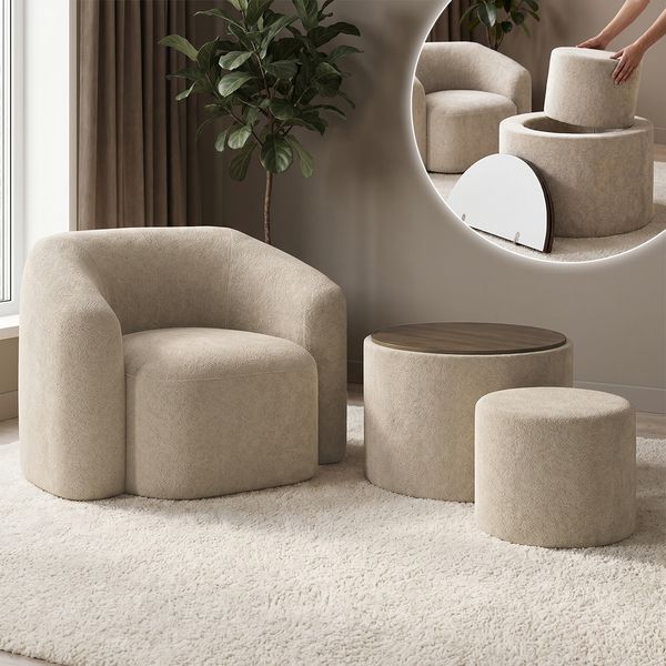 skølm 'Gjöll' Set aus Sessel und Tisch mit Holzplatte und Hocker, 75x75x45 cm, beige, aus Teddy-Bouclé, Relaxsessel mit Armlehnen, vakuumverpackt, ohne Aufbau