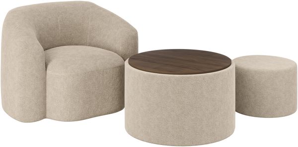 skølm 'Gjöll' Set aus Sessel und Tisch mit Holzplatte und Hocker, 75x75x45 cm, beige, aus Teddy-Bouclé, Relaxsessel mit Armlehnen, vakuumverpackt, ohne Aufbau