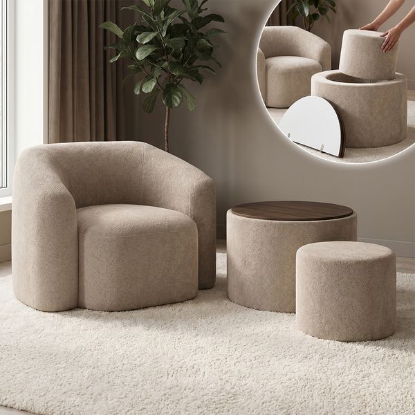 skølm 'Gjöll' Set aus Sessel und Tisch mit Holzplatte und Hocker, 75x75x45 cm, beige, aus Teddy-Bouclé, Relaxsessel mit Armlehnen, vakuumverpackt, ohne Aufbau