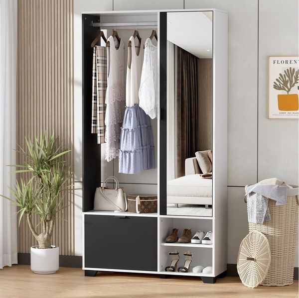 TWSOUL Kleiderschrank Schlichter Kleiderschrank, Kleiderschrank mit Spiegel Mit sieben Fächern,100L x 33B x 190H cm