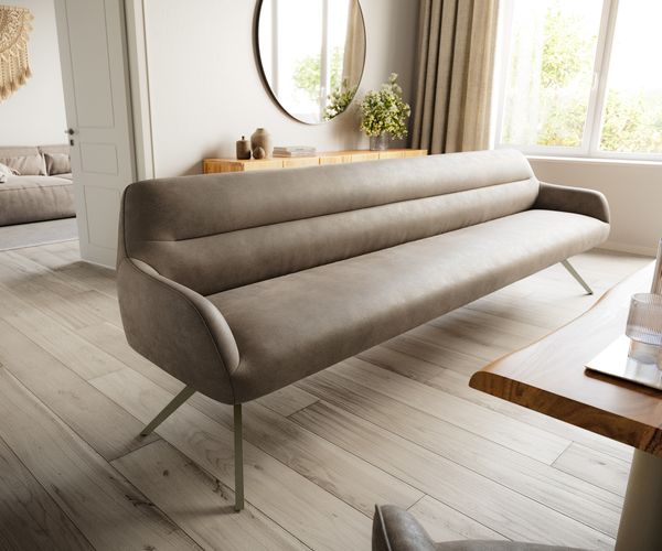 Esszimmerbank Taya-Flex 300 cm Mikrofaser Taupe Vintage Kreuzgestell kantig Effektfinish Titan Taschenfederkern