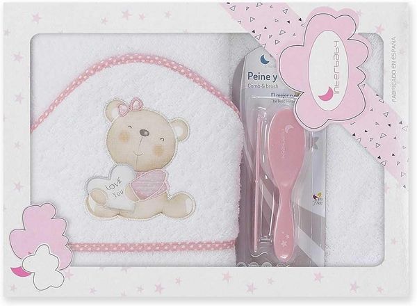 Interbaby P1177-12 Baby Kapuzenbadetuch LOVE YOU, weiss e rosa mit Kamm und Bürste, Rosa