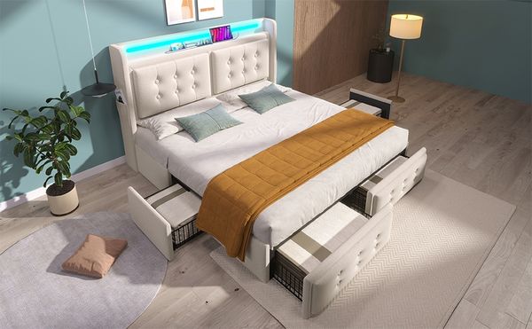 Polsterbett 140×200 cm mit LED, USB/Typ-C & 4 Schubladen, gepolstertes Kopfteil,Beige