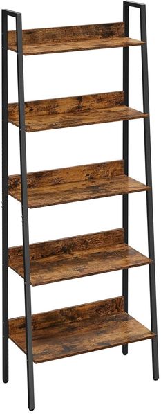 Vasagle Bücherregal, Leiterregal mit 5 Ablagen, 30 x 60 x 170 cm, offen, Standregal, schmal, für Wohnzimmer, Schlafzimmer, Küche, Büro, Metallgestell, Industrie-Design, vintagebraun-schwarz