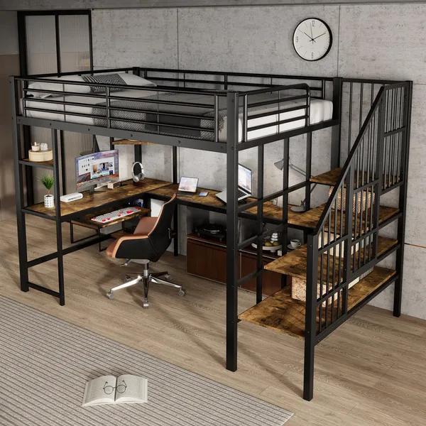 Hochbett mit Eckschreibtisch, Lattenrost, Regal, Treppe, Rausfallschutz und Steckdosenleiste, 120x200cm, Kinderbett, Metallbett