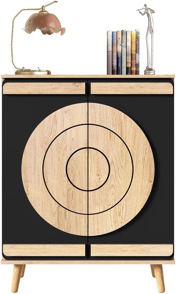 Moderner Schuhschrank mit rundem, geometrischem Türdesign, mehreren Staufächern und stabilen Holzbeinen.