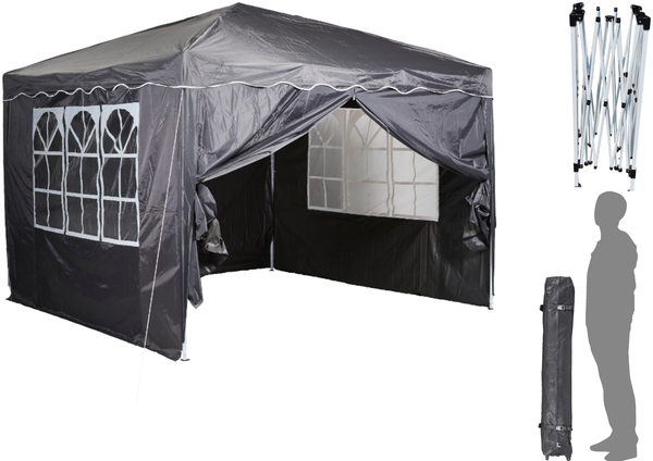 Faltpavillon 3×3 m Anthrazit 200 g/m² mit 4 Seitenwänden & Fenster