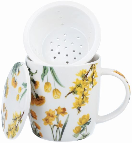 DUO Spring in bloom Becher 400 ml YELLOW FLOWERS mit Teesieb und Deckel, New Bone China Porzellan