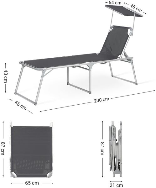 SONGMICS klappbare Sonnenliege, 65 x 200 x 48 cm, bis 150 kg belastbar, Liegestuhl, Gartenliege, extra groß, mit Sonnendach, Rückenlehne verstellbar, dunkelgrau GCB26GY Bild 5