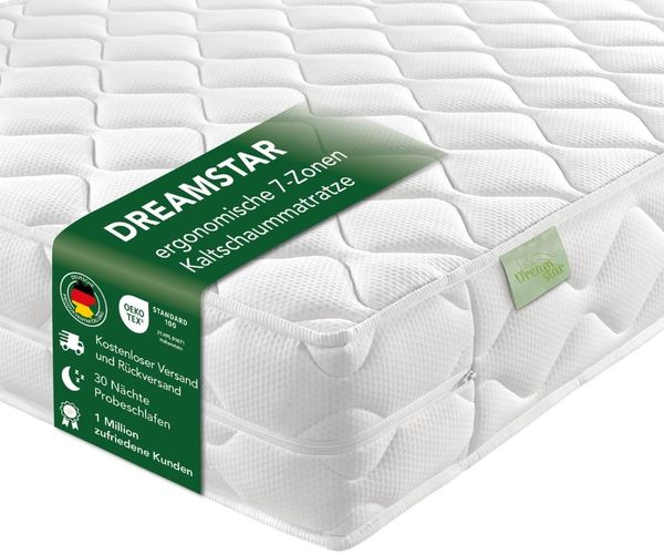DREAMSTAR Ergo Flex Duo 7-Zonen Matratze 90x190 cm | H3&H4 | Ergonomische Kaltschaummatratze | Hypoallergen & Antibakteriell | Bezug abnehmbar & waschbar | Öko-TEX® | (16cm, 90x190 cm)