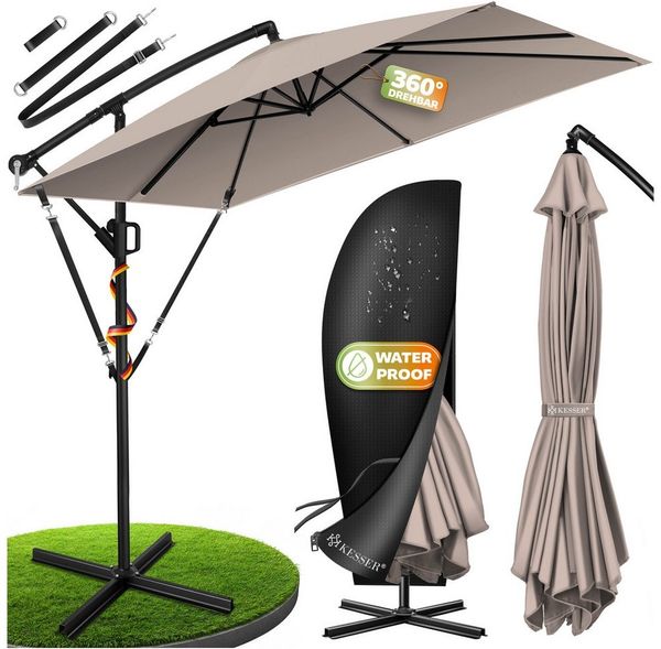 KESSER® 'Holly' Ampelschirm ohne LED Solar, inkl. Ständer, Abdeckung & Windsicherung mit Kurbel, Aluminium taupe, Ø 350 cm