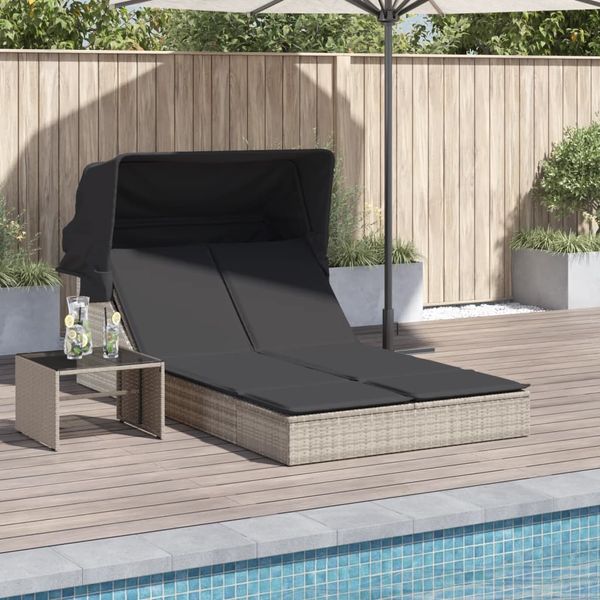 Doppel-Sonnenliege, Gartenliege mit Dach und Auflagen Hellgrau Poly Rattan