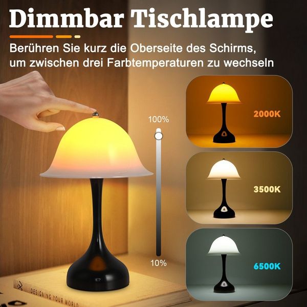 ZMH LED Tischleuchte Akku Tischlampe Aufladbar Touch Dimmbar Schlafzimmerlampe, USB-Ladefunktion, LED fest integriert, 2000K-6500k, Kabellose Nachttischleuchte Tragbare Lampe für Wohnzimmer