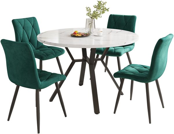 Merax Essgruppen, Esstisch- und Stuhlset (5-teilig), modernes, schlichtes rundes Esstisch- und Stuhlset aus Marmor, Tischbeine aus schwarzem Metall + 4 ergonomische Stühle aus grünem Wildleder