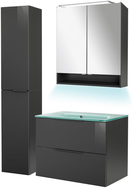 FACKELMANN LUNA Badmöbel Set 5-teilig 80 cm breit, Anthrazit, Waschbecken Glas Mint + Hochschrank + Ambientebeleuchtung