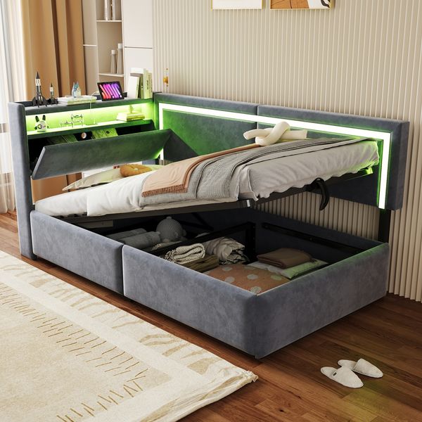 Merax Polsterbett Einzelbett Schlafsofa 90x200 cm Mit LED-Beleuchtung und USB-Ladeanschlüssen. Kopfteil Lässt Sich Zum Verstauen öffnen. Hydraulisches Stauraumsystem unter Dem Bett, Samt Dunkelgrau