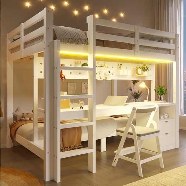 Flieks Etagenbett, Kinderbett 90+140x200cm mit Lichtleiste, Schreibtisch und 2 Schubladen