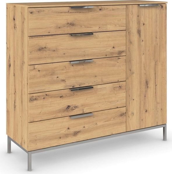Rauch Möbel Flipp, Kombikommode, Kommode mit Stauraum für Wohnzimmer, Schlafzimmer, Flur, 2 Fachböden, mit Metallkufe chrom, Eiche Artisan, 1-türig, 5 Schubkästen, Griffe chrom, 120 x 111 x 42 cm