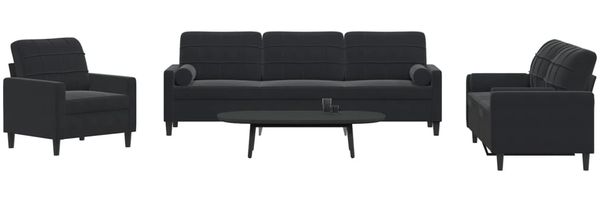 vidaXL 3-tlg. Sofagarnitur mit Kissen und Nackenrollen Schwarz Samt 3278456