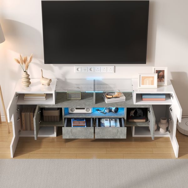 TV-Lowboard aus MDF mit LED-Beleuchtung, 145x30x51 cm, Weiß/Beton